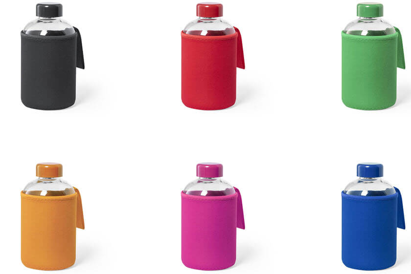 600 ml glazen drinkflessen met hoesje in diverse kleuren