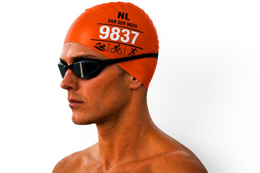 bedrukte badmutsen met logo en startnummer